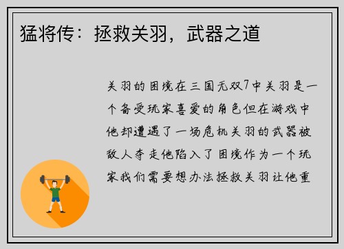 猛将传:拯救关羽,武器之道