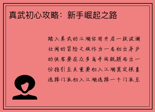 真武初心攻略:新手崛起之路